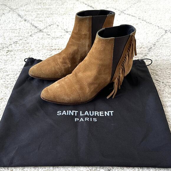 Saint Laurent Tan Brown Suede Fringe  Ankle Boots Size 36 / US 6 - Picture 2 of 14